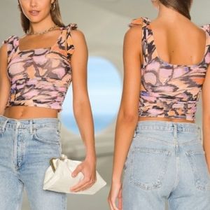 Free People Square Neck Printed Tank W/ Shoulder Tie Detail